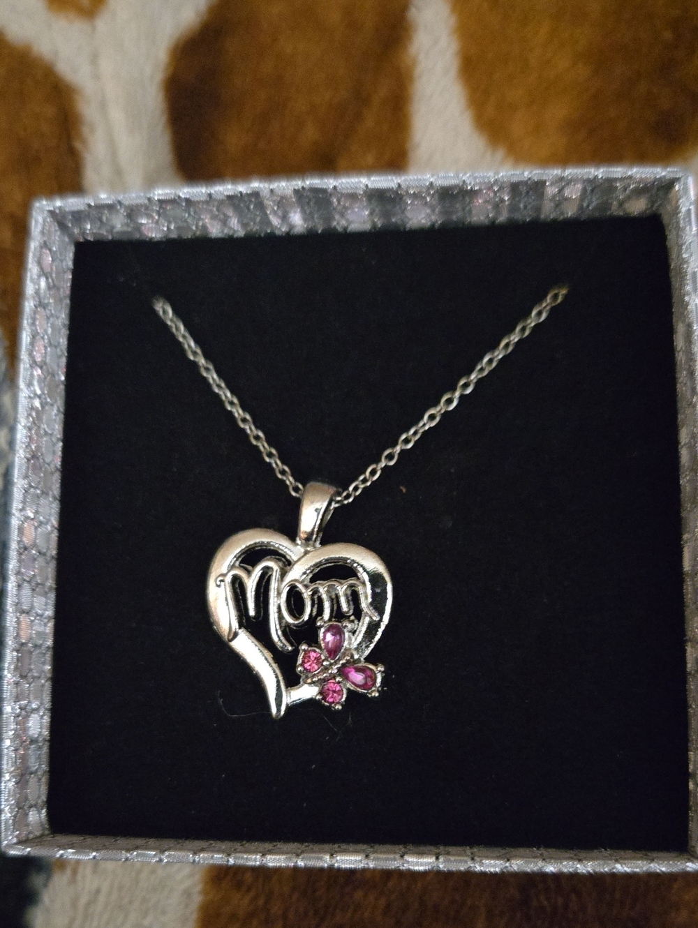 Silver 'Mom' Heart Pendant Necklace with Pink Gemstones